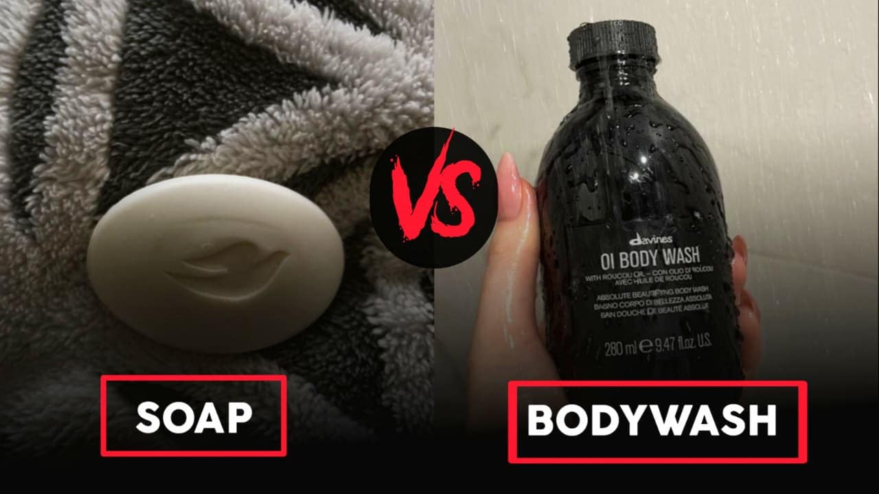 Soap vs body wash comparison showing bar soap and liquid body wash bottles side by side