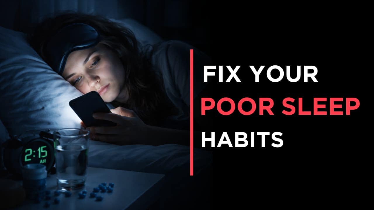 Woman using phone in bed at night showing Poor Sleep Habits affecting sleep quality