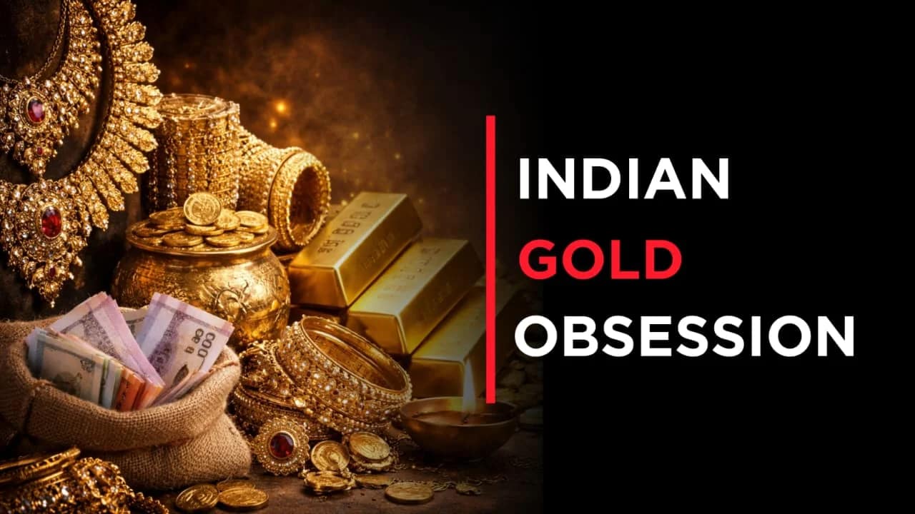 Indians Prefer Gold shown through traditional Indian gold jewelry, gold coins, and gold bars representing wealth and savings
