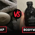 Soap vs body wash comparison showing bar soap and liquid body wash bottles side by side