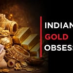 Indians Prefer Gold shown through traditional Indian gold jewelry, gold coins, and gold bars representing wealth and savings