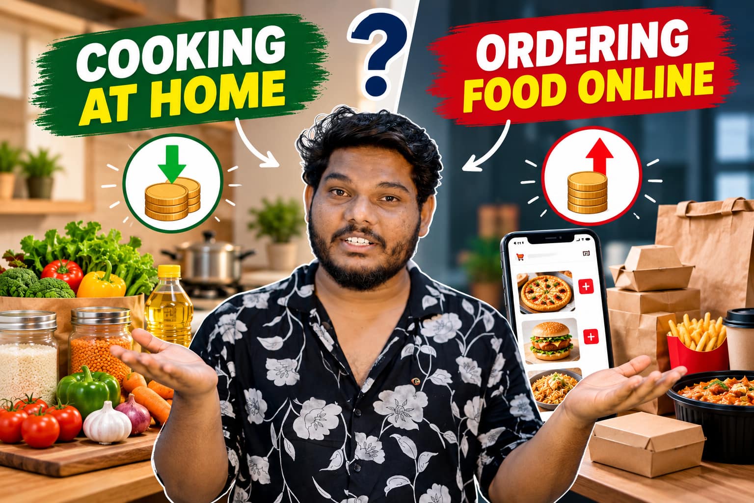 A man comparing online food delivery with cooking at home