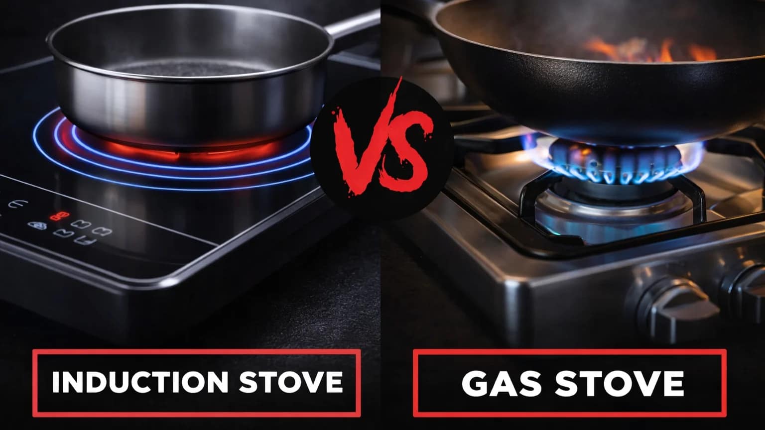 Induction vs Gas Stove comparison showing electric cooktop and gas burner in a modern kitchen