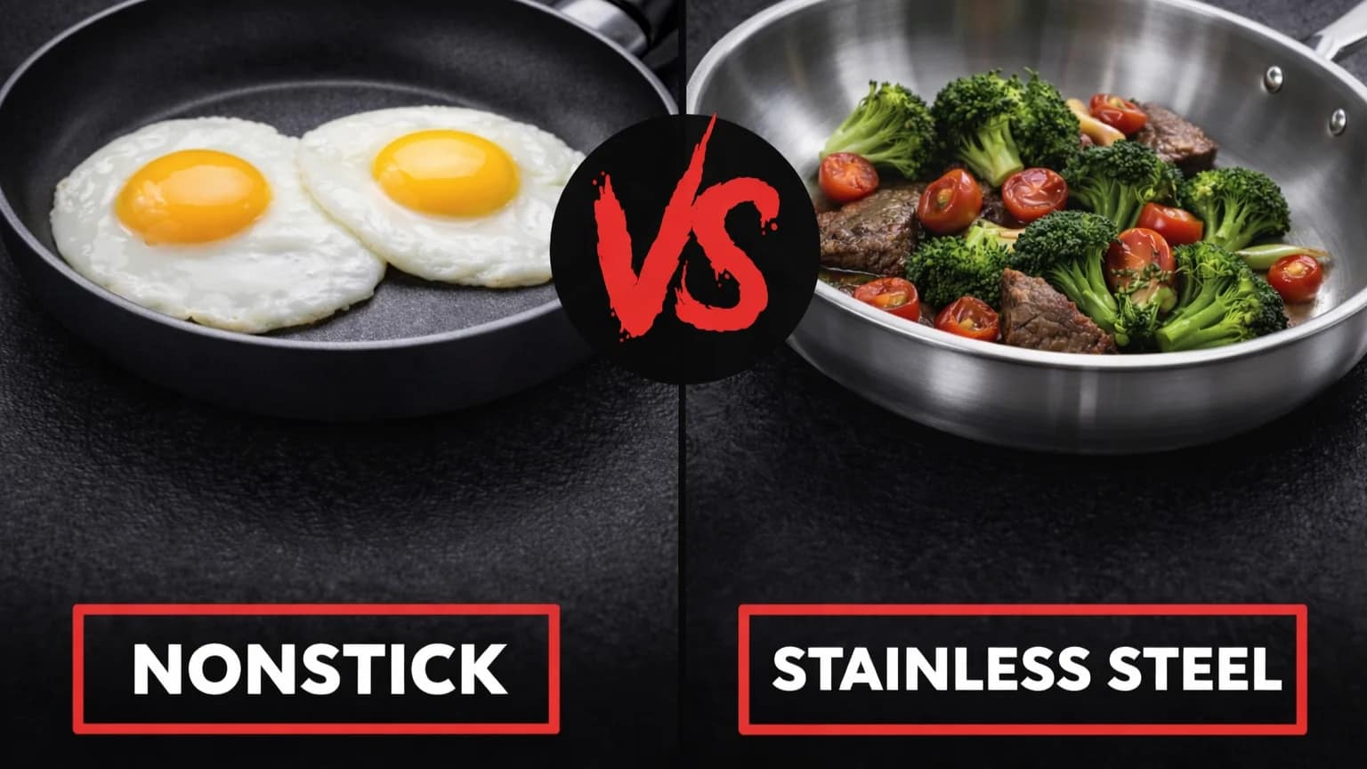 Nonstick vs Stainless Steel cookware materials displayed for kitchen safety guide