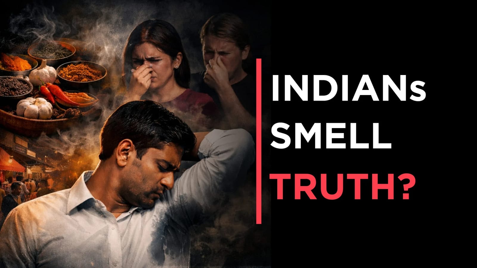 Dark conceptual illustration representing Indians Body Odor discussion and online stereotype debate