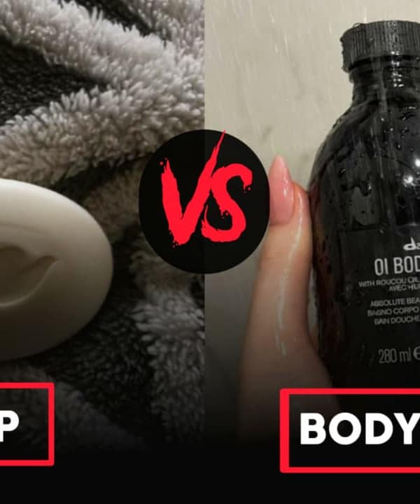Soap vs body wash comparison showing bar soap and liquid body wash bottles side by side
