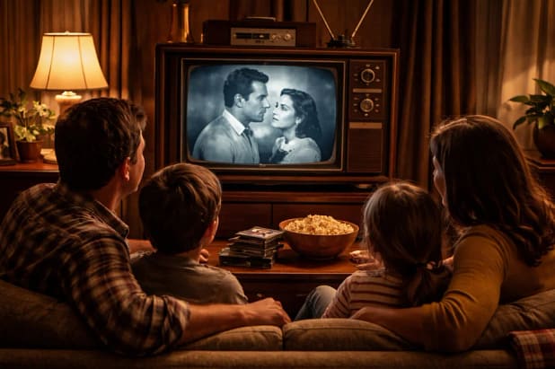 Family watching an old classic movie together on a vintage television at home